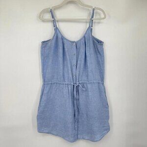 Women's Lands End Linen Button Front Mini Sundress Blue Dress 10-12